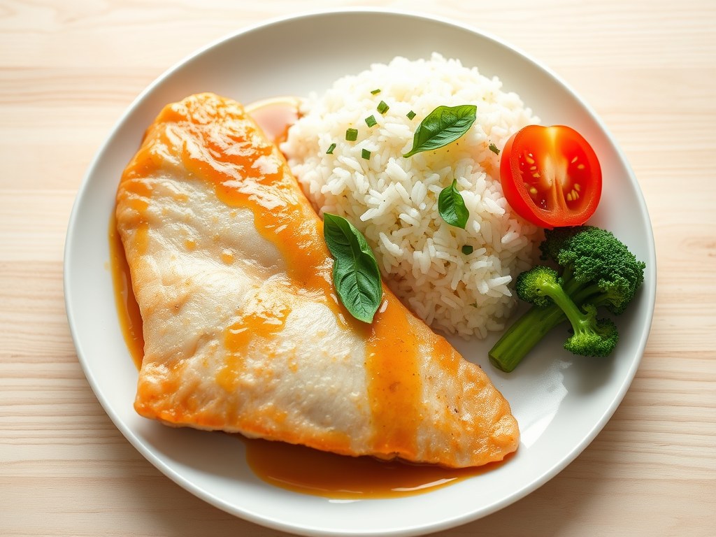 Lengfilet met verse dragon, Chinese rijst en tomaat, AI-gegenereerde illustratie