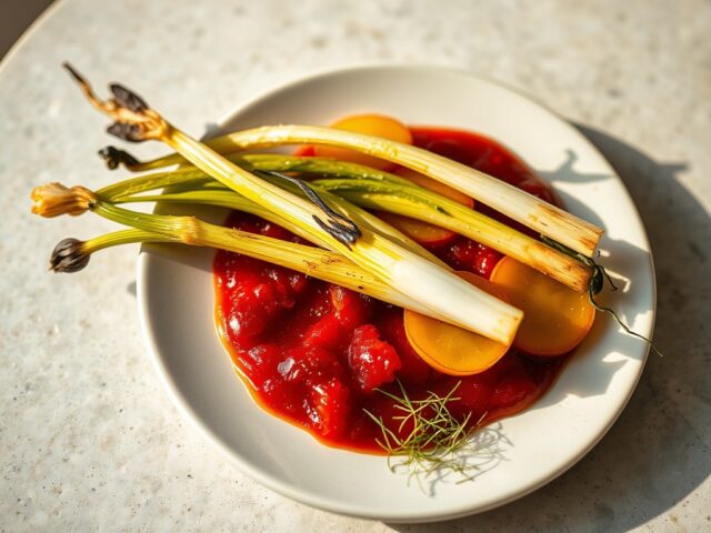 Lente uitjes met tomatenjam, gele biet en venkelgr