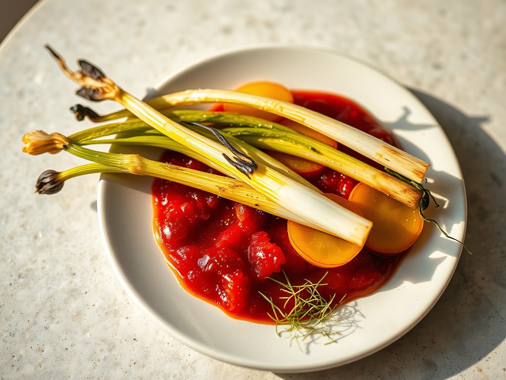 Lente uitjes met tomatenjam, gele biet en venkelgr, AI-gegenereerde illustratie