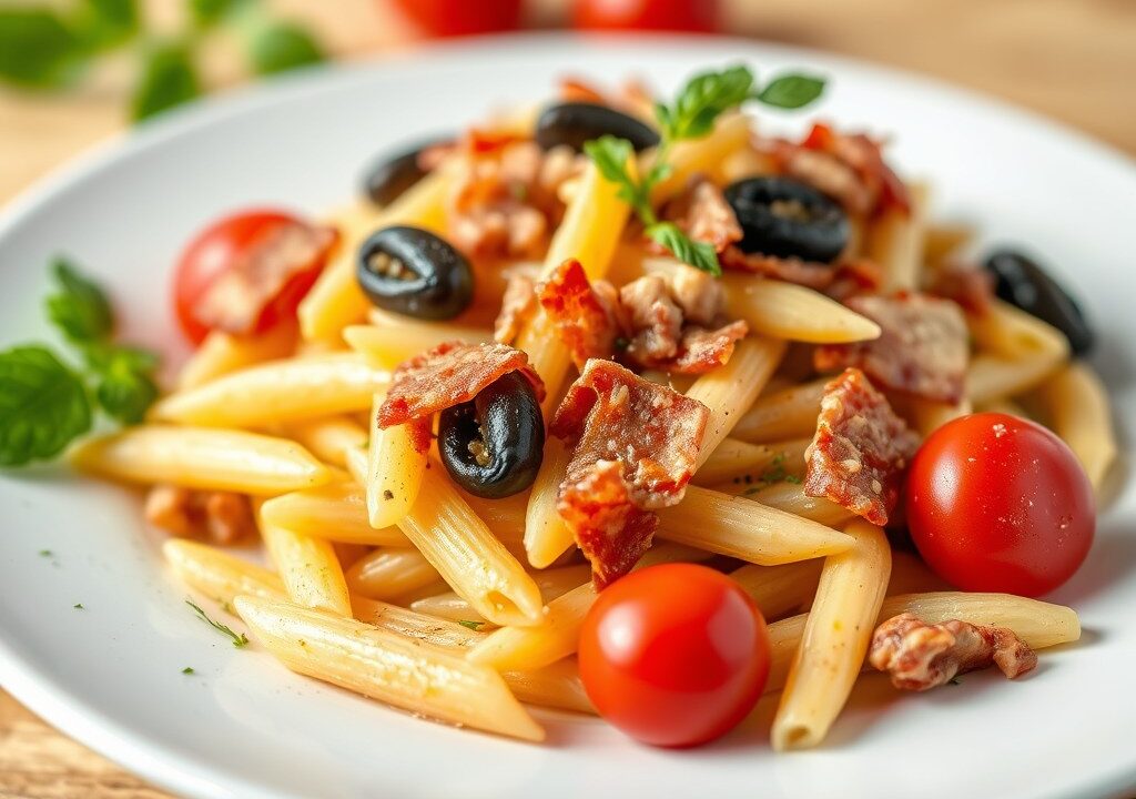 Lentepasta met asperges en pancetta, AI-gegenereerde illustratie