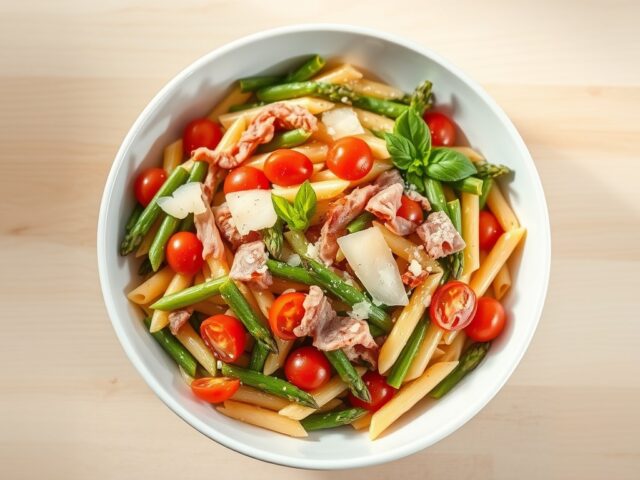 Lentepasta met asperges en pancetta