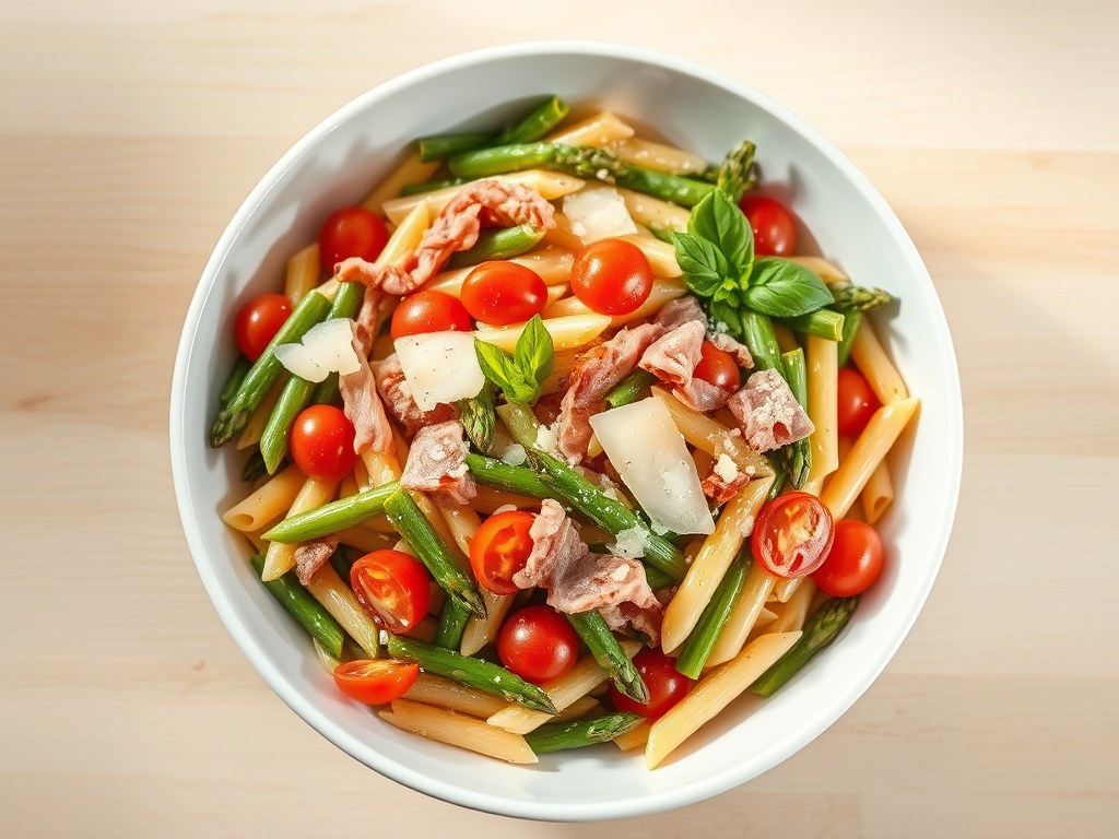 Lentepasta met asperges en pancetta, AI-gegenereerde illustratie