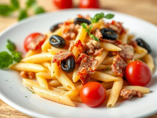 Lentepasta met asperges en pancetta — AI-gegenereerde illustratie