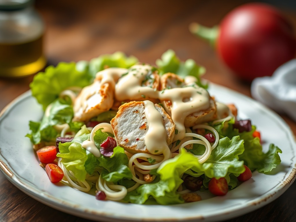 Lentesalade met kip, gamba en truffelmayonaise, AI-gegenereerde illustratie
