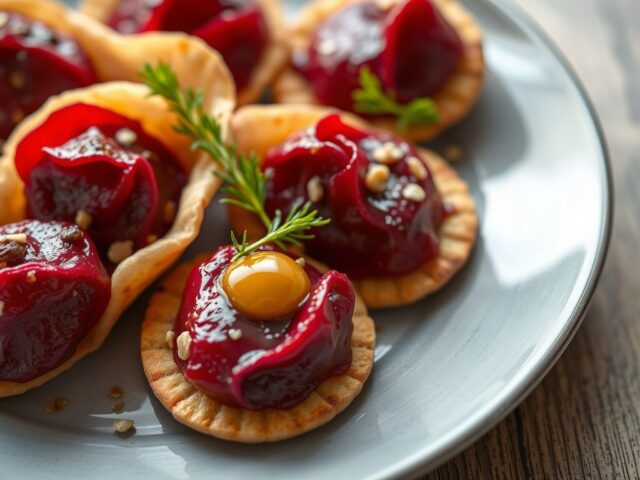 Lepelhapjes met rode biet, kwarteleitjes en gerookte paling