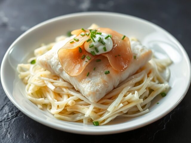 Licht gerookte schelvis, opgelegde witte kool en Lardo di Colonnata