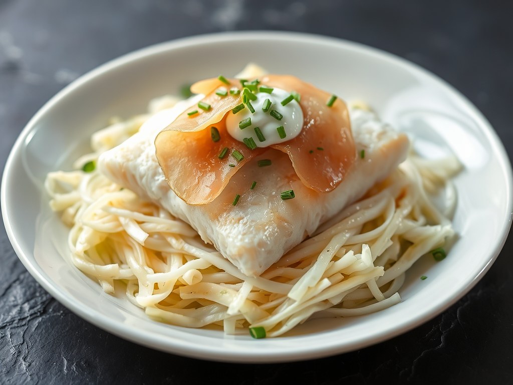 Licht gerookte schelvis, opgelegde witte kool en Lardo di Colonnata, AI-gegenereerde illustratie