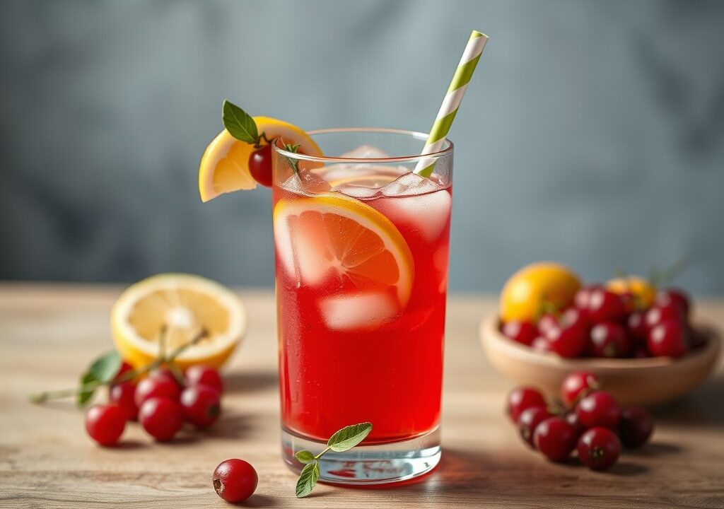 Limonade van rode besjes met citroenmelisse, AI-gegenereerde illustratie