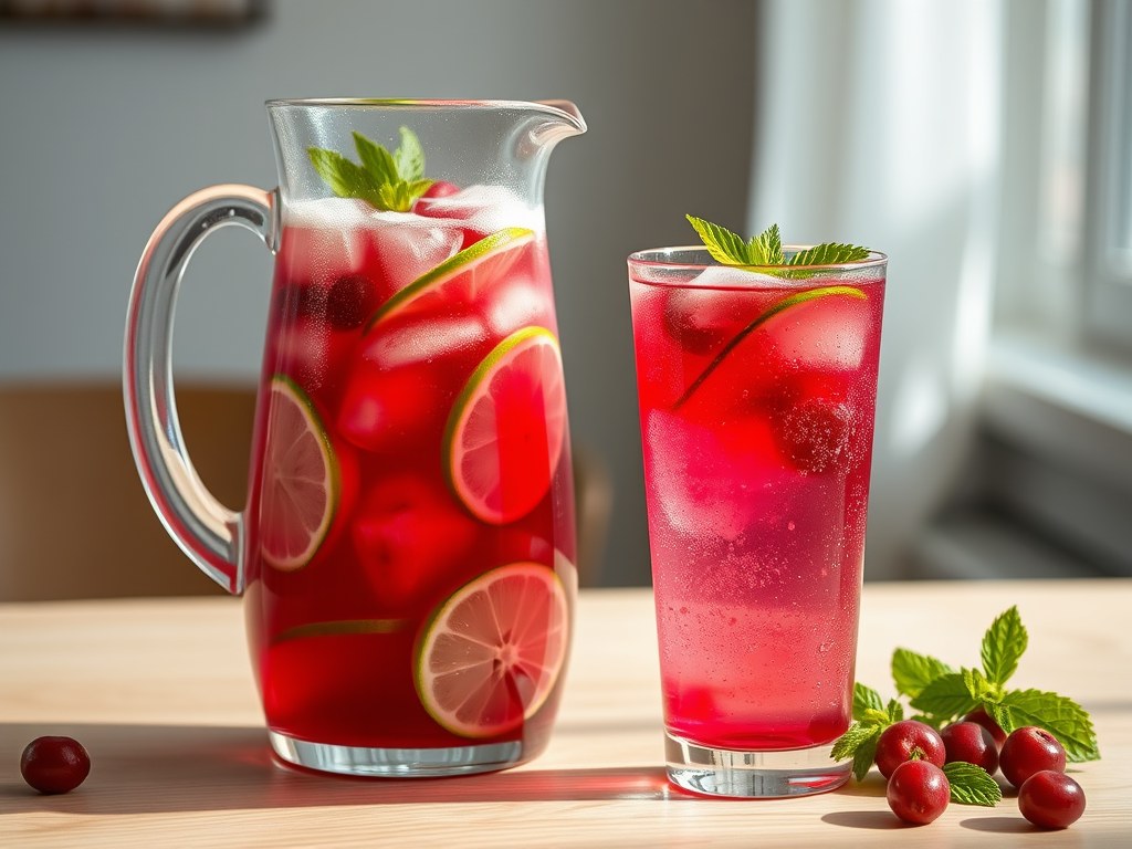 Limonade van veenbessen met limoen, AI-gegenereerde illustratie