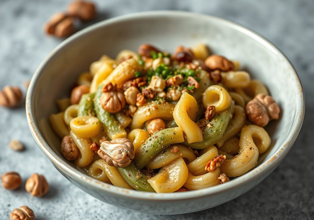 Lintmacaroni met shii take en notensaus, AI-gegenereerde illustratie