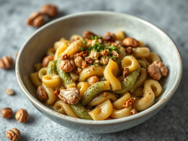 Lintmacaroni met shii take en notensaus