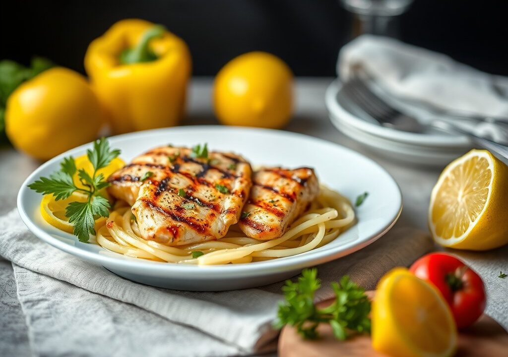 Linzensalade met gegrilde citroenkip, AI-gegenereerde illustratie