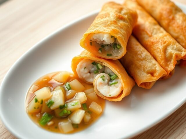 Loempia met grijze garnaal en een ‘appelchutney’