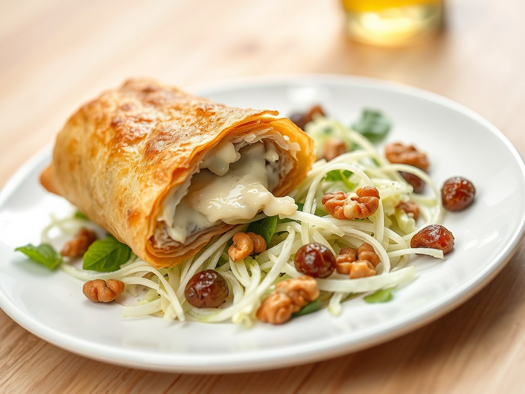 Loempia met Stilton op een salade van witlof met r, AI-gegenereerde illustratie
