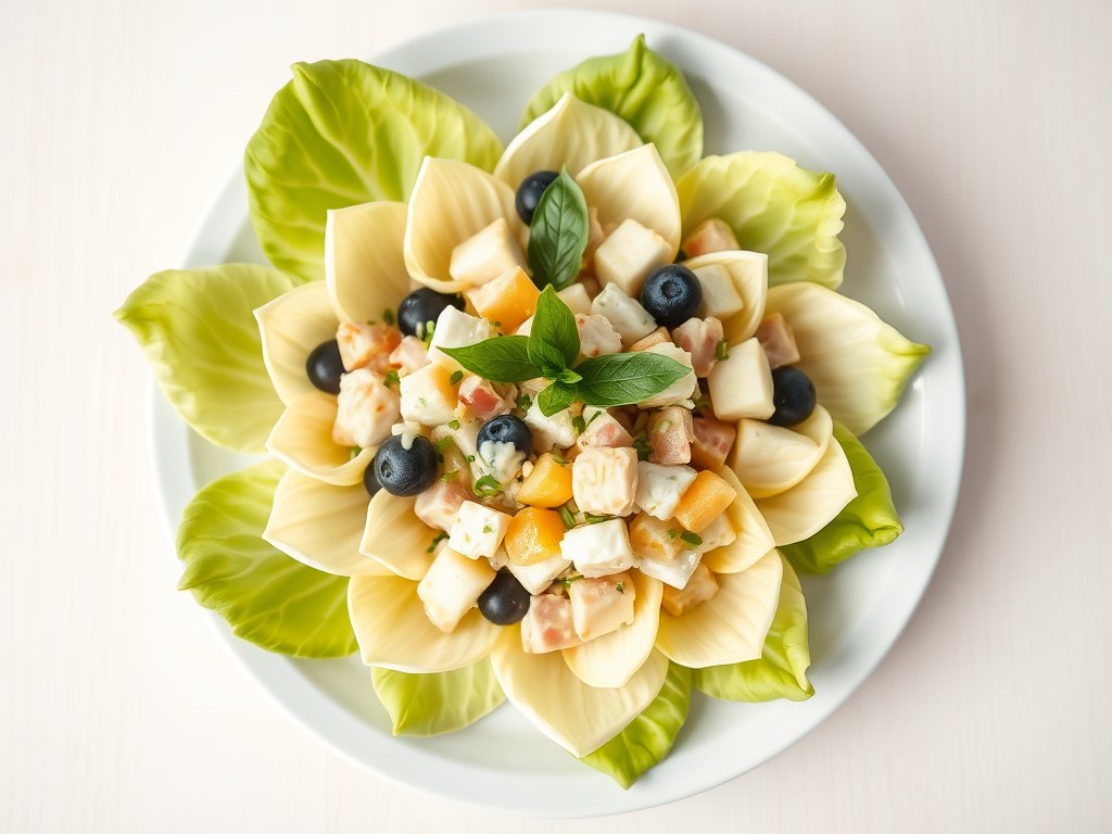 Lofbloem gevuld met een kaassalade met een dressin, AI-gegenereerde illustratie