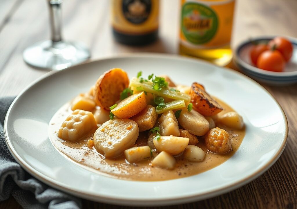 Lotteragout met Tripel Chimay en aardappelkaaskoek, AI-gegenereerde illustratie