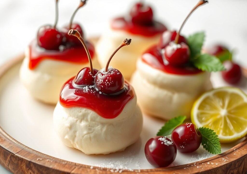 Luchtige bavarois van limoen met een kersensaus, AI-gegenereerde illustratie