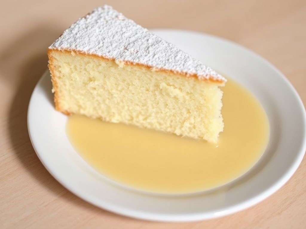 Luchtige biscuit uit de Savoie met crème Anglaise, AI-gegenereerde illustratie