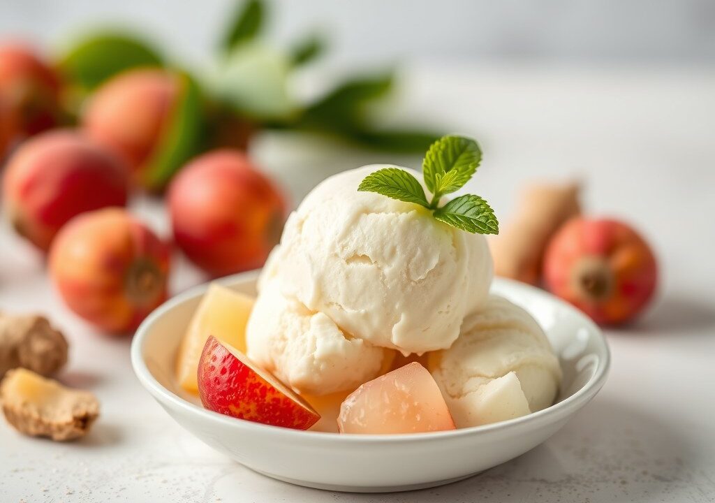 Lychee-ijs met verse gember, AI-gegenereerde illustratie