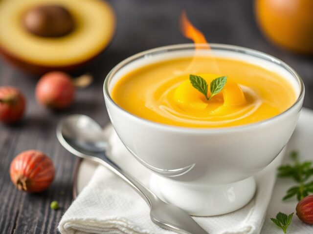 Lycheesoep met geflambeerde mango