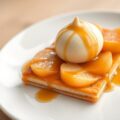 Mélange van peer op bladerdeeg en caramelsaus