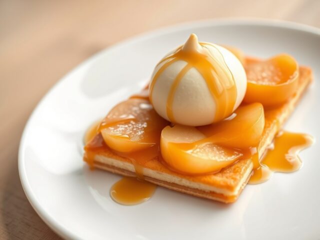 Mélange van peer op bladerdeeg en caramelsaus
