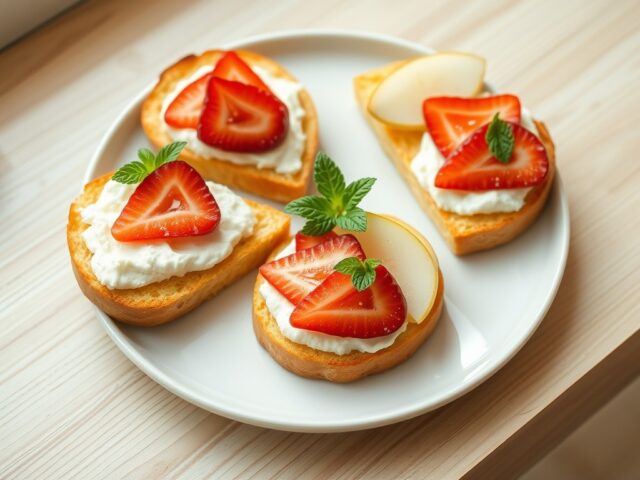 Maïsbrood met limoenricotta en aardbeien