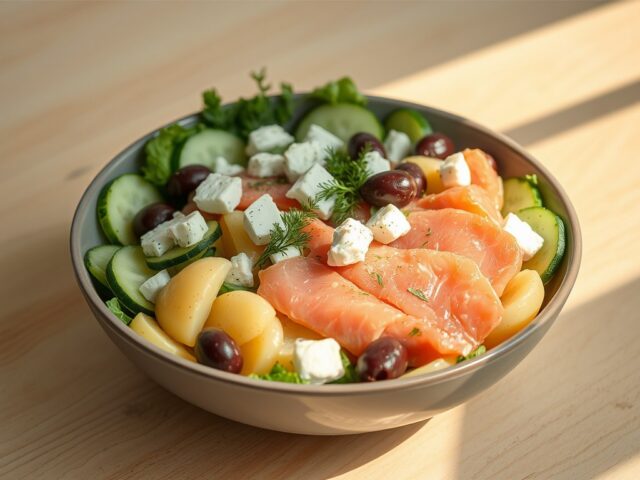 Maaltijdsalade: aardappel-komkommer-gerookte forel