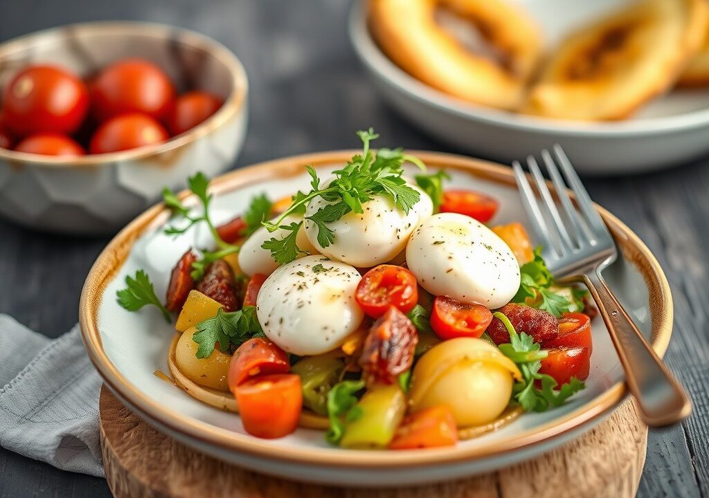 Maaltijdsalade met aardappel en mozzarella, AI-gegenereerde illustratie