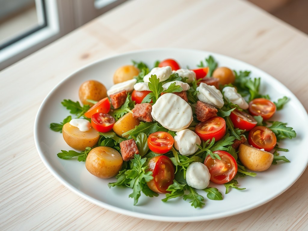Maaltijdsalade met aardappel en mozzarella, AI-gegenereerde illustratie