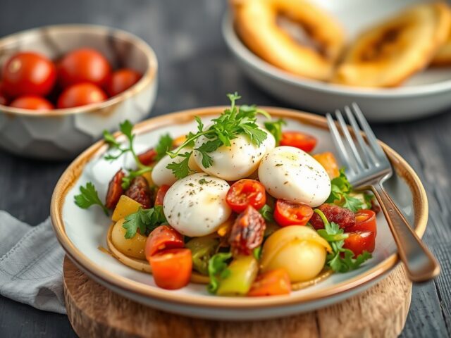 Maaltijdsalade met aardappel en mozzarella — AI-gegenereerde illustratie