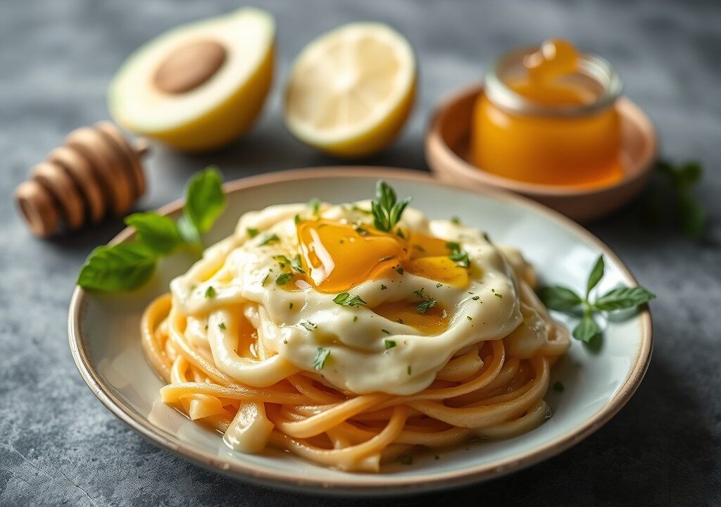 Maaltijdsalade met boerenbrie en honing — AI-gegenereerde illustratie