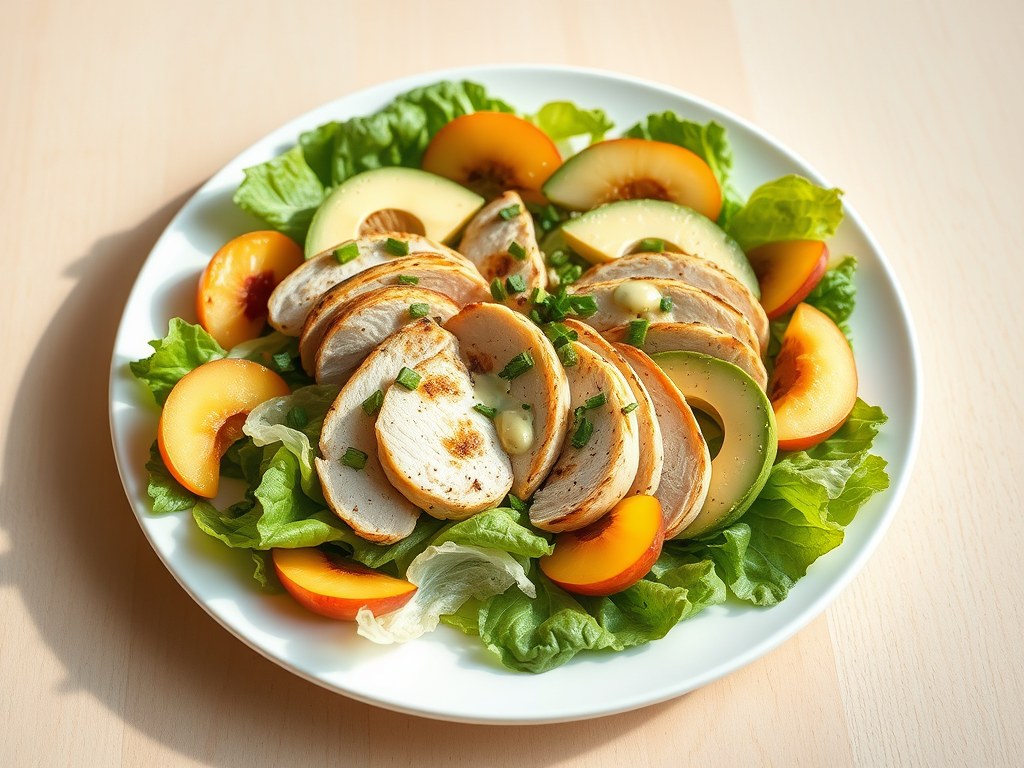 Maaltijdsalade met kip met nectarine en avocado, AI-gegenereerde illustratie