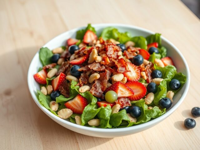 Maaltijdsalade met zomerfruit en spekjes