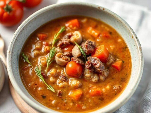 Maaltijdsoep met spelt en pancetta — AI-gegenereerde illustratie