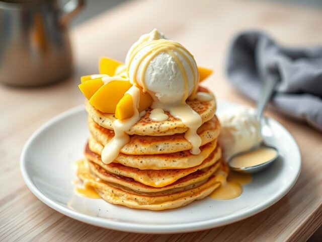 Maanzaad-kruidenpannenkoekjes met mango en advocaat
