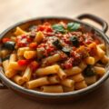 Macaroni met aubergine en courgette onder tomaten