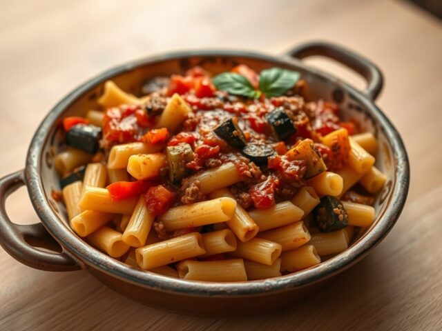Macaroni met aubergine en courgette onder tomaten