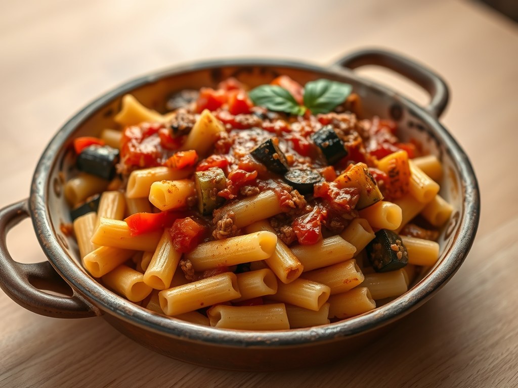 Macaroni met aubergine en courgette onder tomaten, AI-gegenereerde illustratie