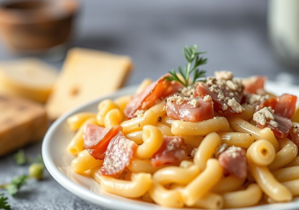 Macaroni met Brugge Rodenbach kaas en ham, AI-gegenereerde illustratie