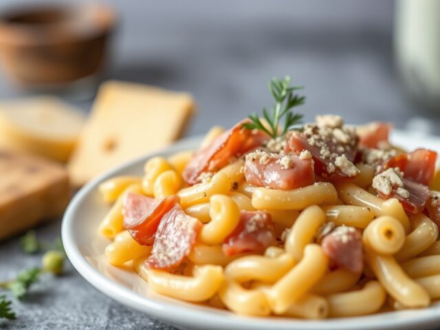 Macaroni met Brugge Rodenbach kaas en ham — AI-gegenereerde illustratie