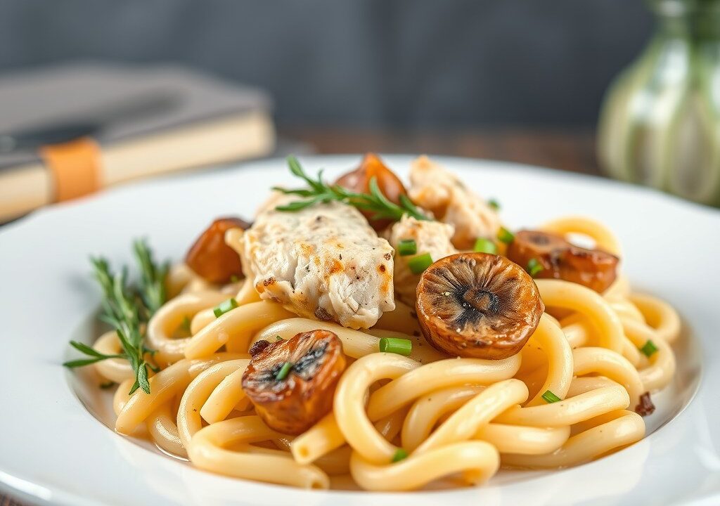 Macaroni met kipfilet, prei en champignons — AI-gegenereerde illustratie