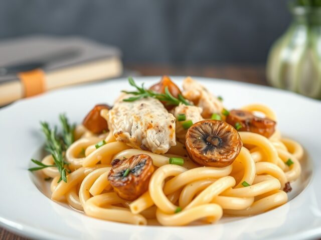 Macaroni met kipfilet, prei en champignons — AI-gegenereerde illustratie
