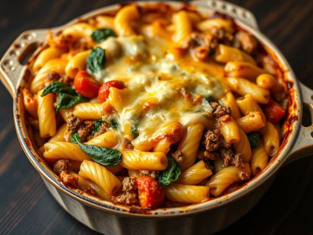 Macaronischotel met spinazie, tomaten en kaas
