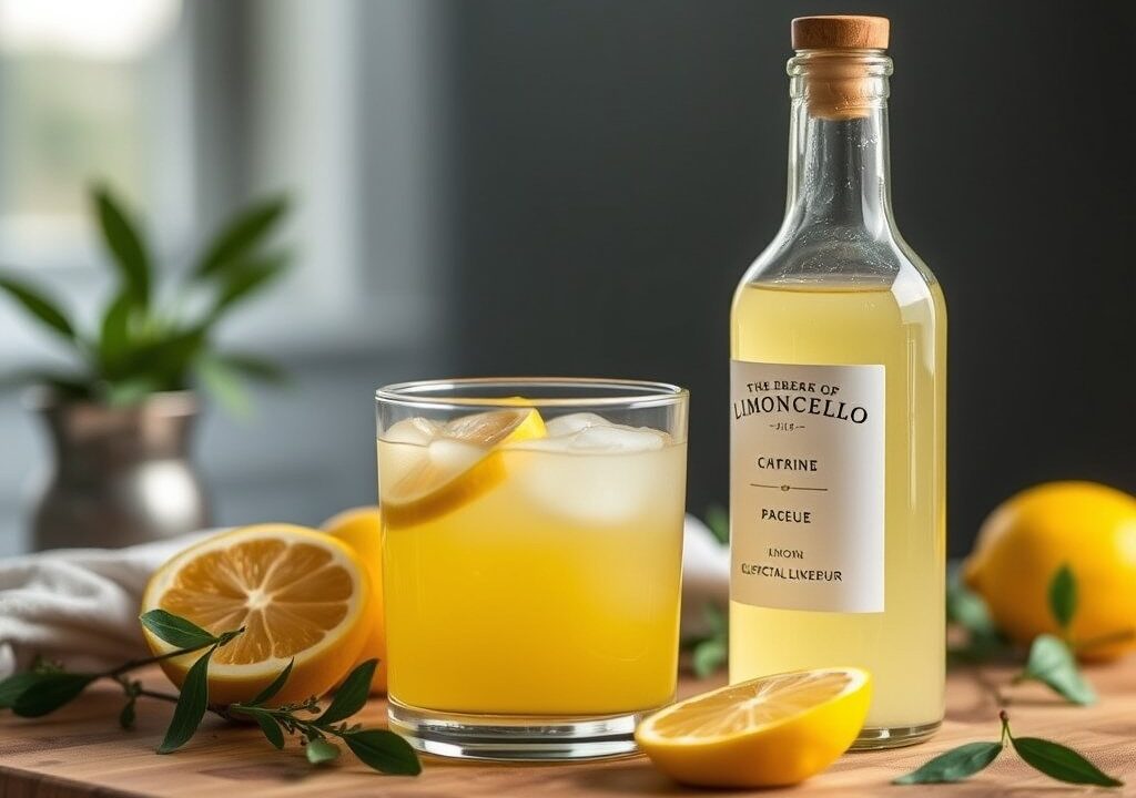 Maken van limoncello (citroenlikeur) — AI-gegenereerde illustratie