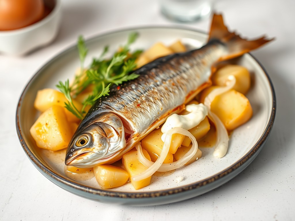 Makreel met witte ui, aardappel en ( zie opm ), AI-gegenereerde illustratie