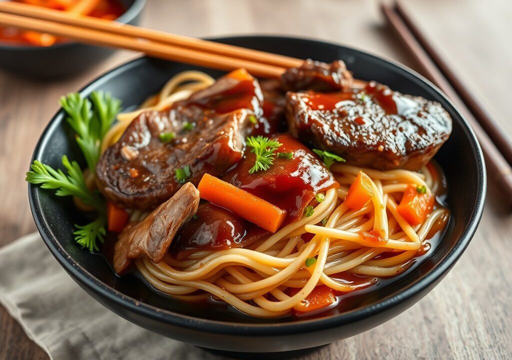 Malse entrecote met sukiyaki saus — AI-gegenereerde illustratie