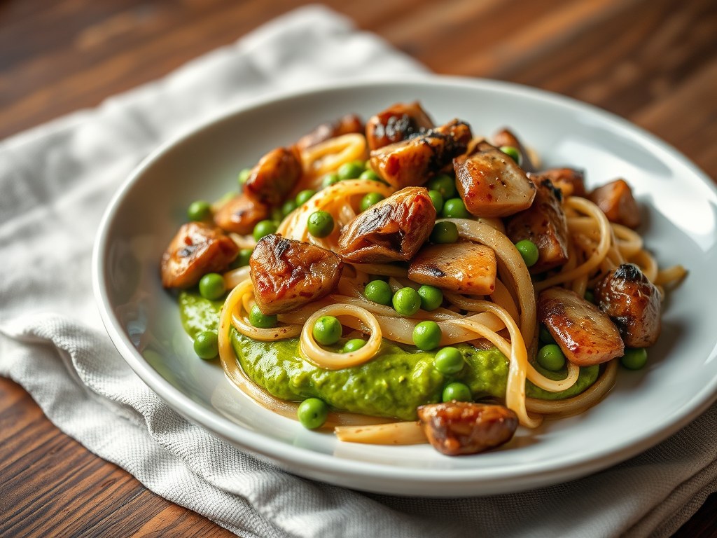Maltagliati met kwartel en doperwtenpuree, AI-gegenereerde illustratie