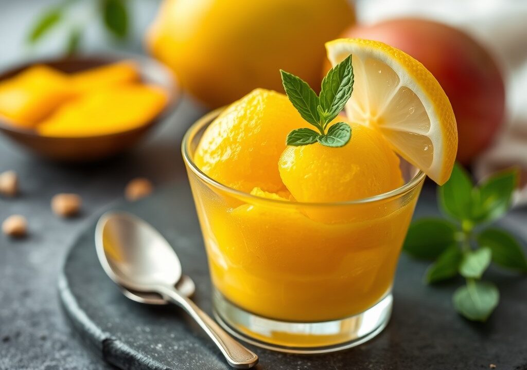 Mango-Gember sorbet, AI-gegenereerde illustratie