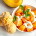 Mangoijs met meloensalade en yoghurtsaus